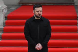 Ukraine's president Volodymyr Zelensky waits to welcome Swedish king in Lviv